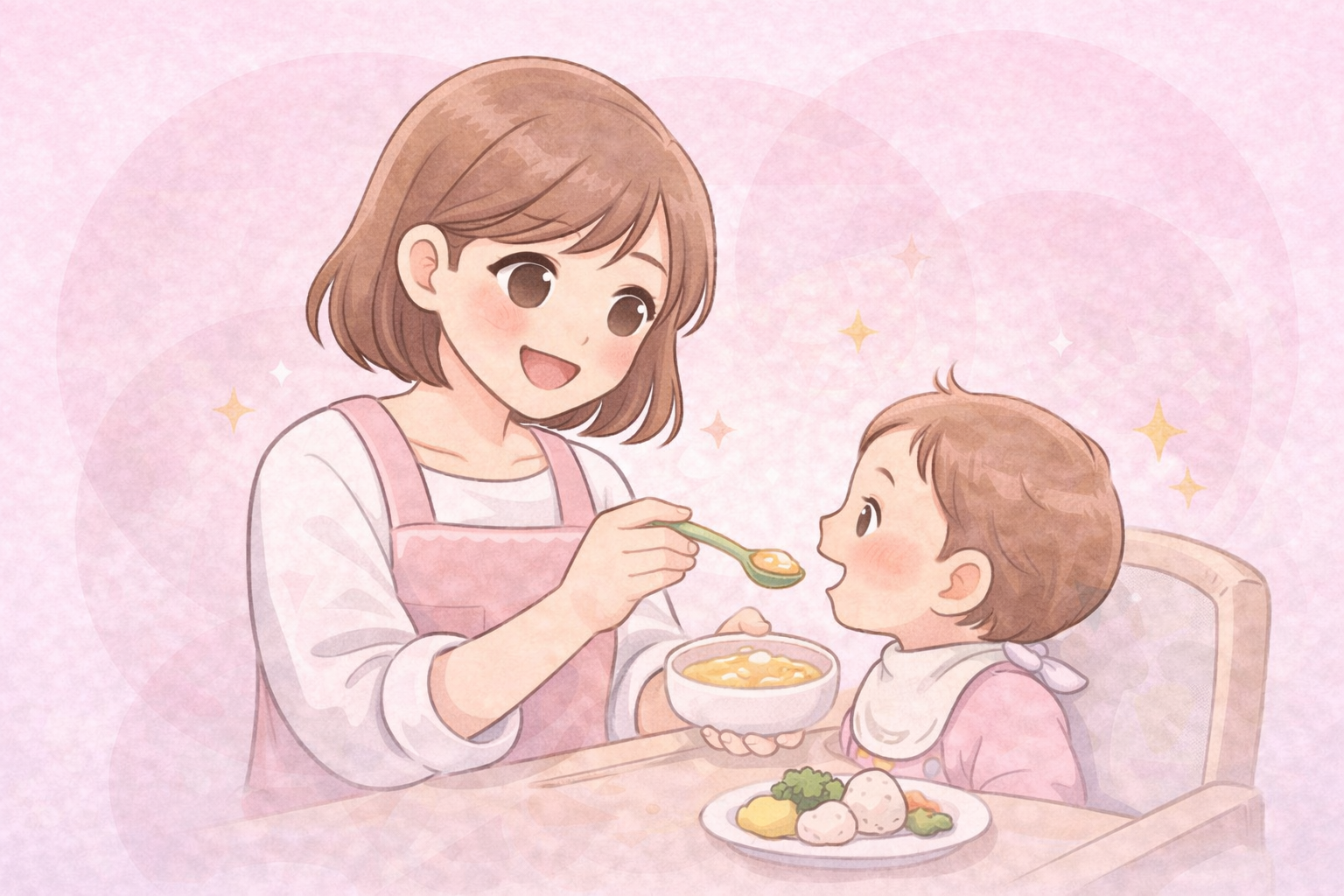親子と離乳食のイラスト